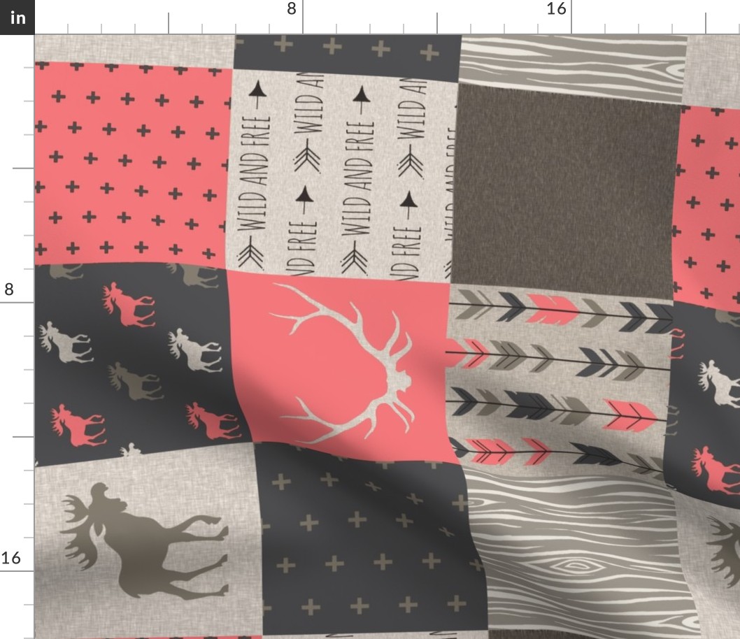 Wholecloth Quilt - Redstone Canyon - Strawberry Pink -Moose, antlers, arrows, wild and free in rust, brown, tan-ch-ch-ch