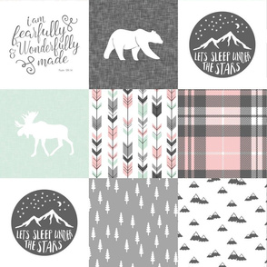 Fearfully and Wonderfully Made Patchwork Fabric || Mint, Pink, Grey