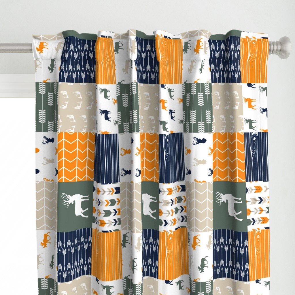 Woodland Patchwork Fabric (navy, orange,green) (90) - buck, moose