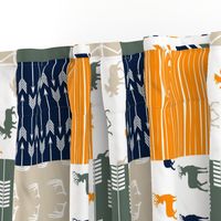 Woodland Patchwork Fabric (navy, orange,green) (90) - buck, moose