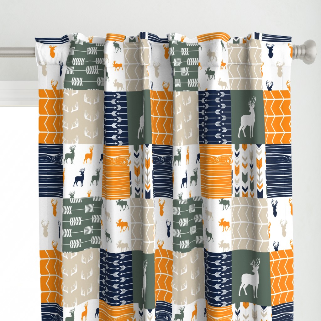 Woodland Patchwork Fabric (navy, orange,green) (90) - buck, moose