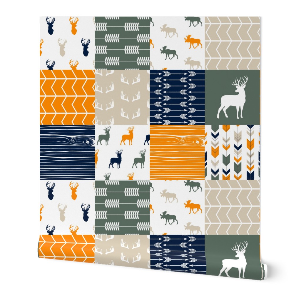Woodland Patchwork Fabric (navy, orange,green) (90) - buck, moose
