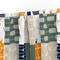 Woodland Patchwork Fabric (navy, orange,green) (90) - buck, moose