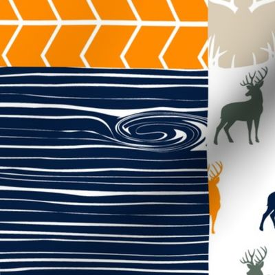 Woodland Patchwork Fabric (navy, orange,green) (90) - buck, moose