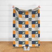 Woodland Patchwork Fabric (navy, orange,green) (90) - buck, moose