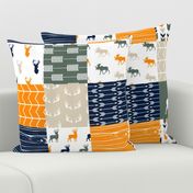 Woodland Patchwork Fabric (navy, orange,green) (90) - buck, moose