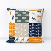 Woodland Patchwork Fabric (navy, orange,green) (90) - buck, moose