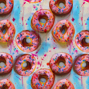 splattery painted pink donuts with sprinkles and blue shadows