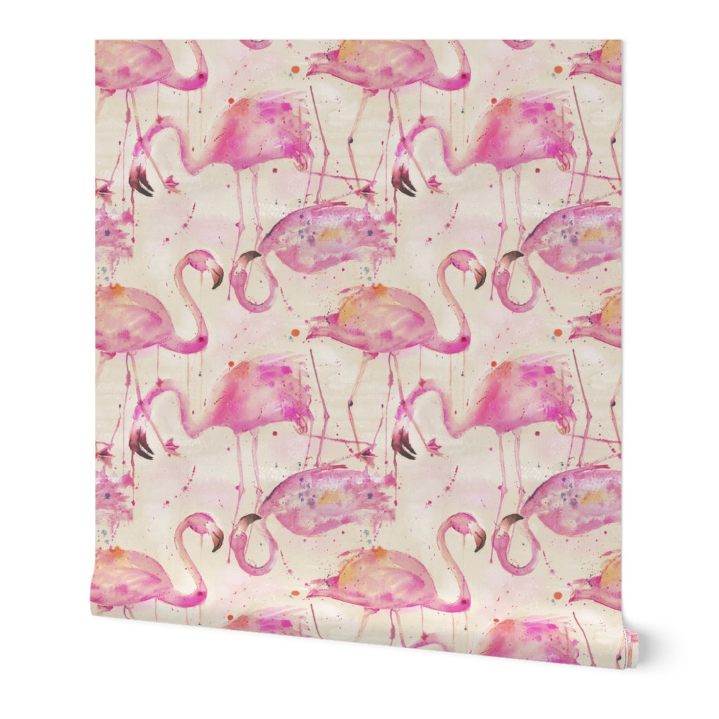 watercolor flamingos in a soft beige palette