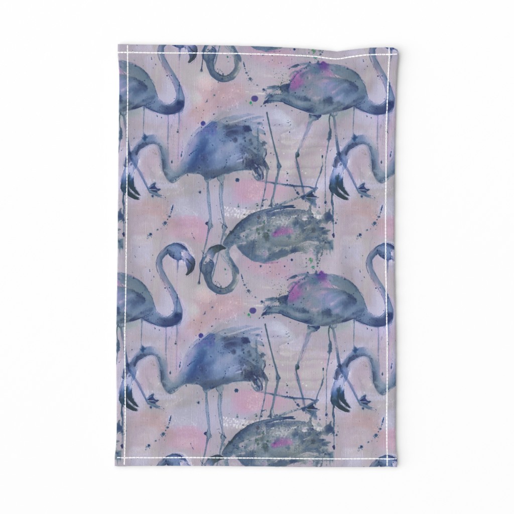 watercolor flamingos in a soft indigo palette