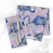 watercolor flamingos in a soft indigo palette