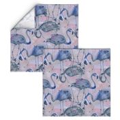 watercolor flamingos in a soft indigo palette