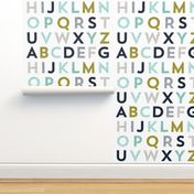 alphabet baby blanket // 54" navy gray aqua mustard