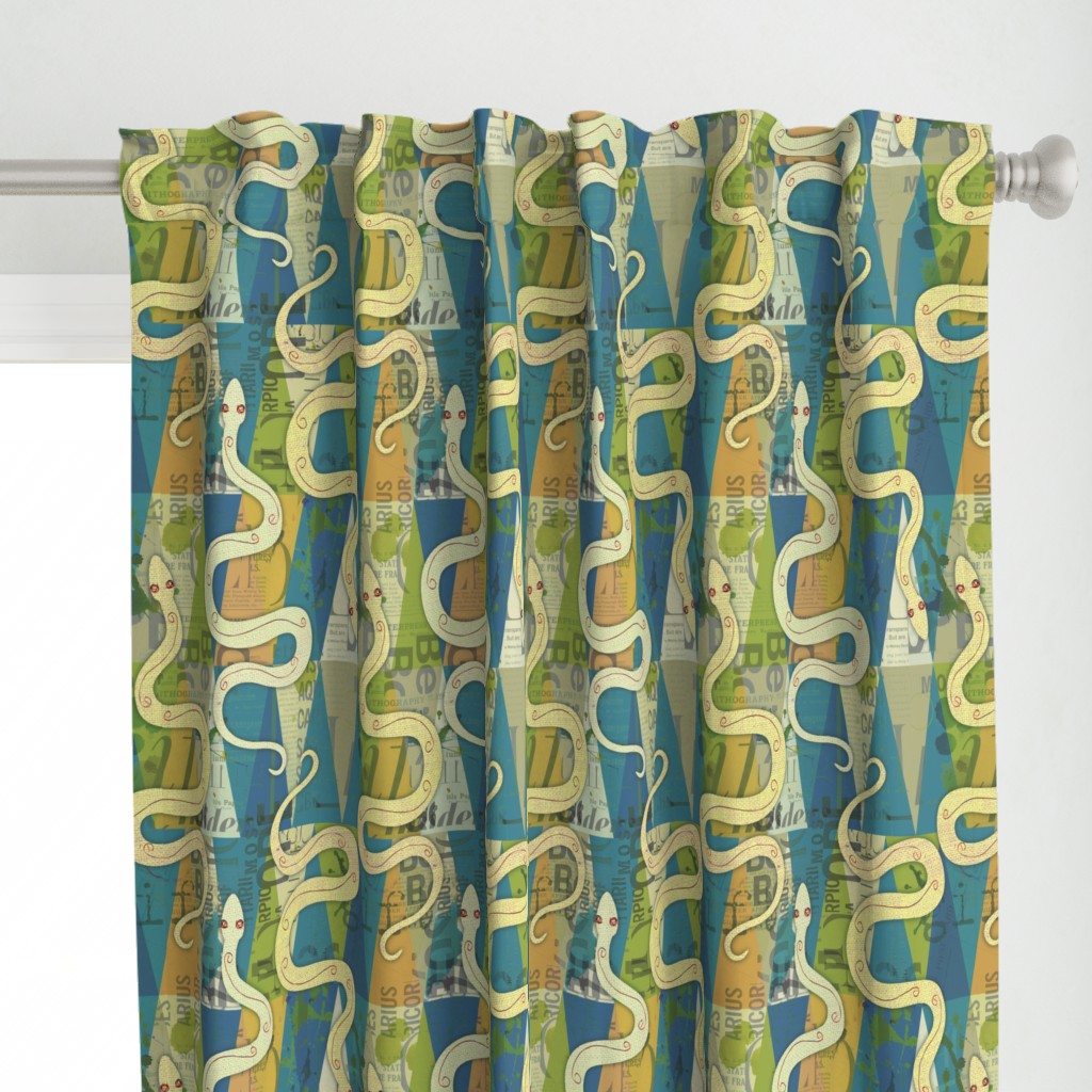 snakes with burlap texture on green and teal geometric pattern