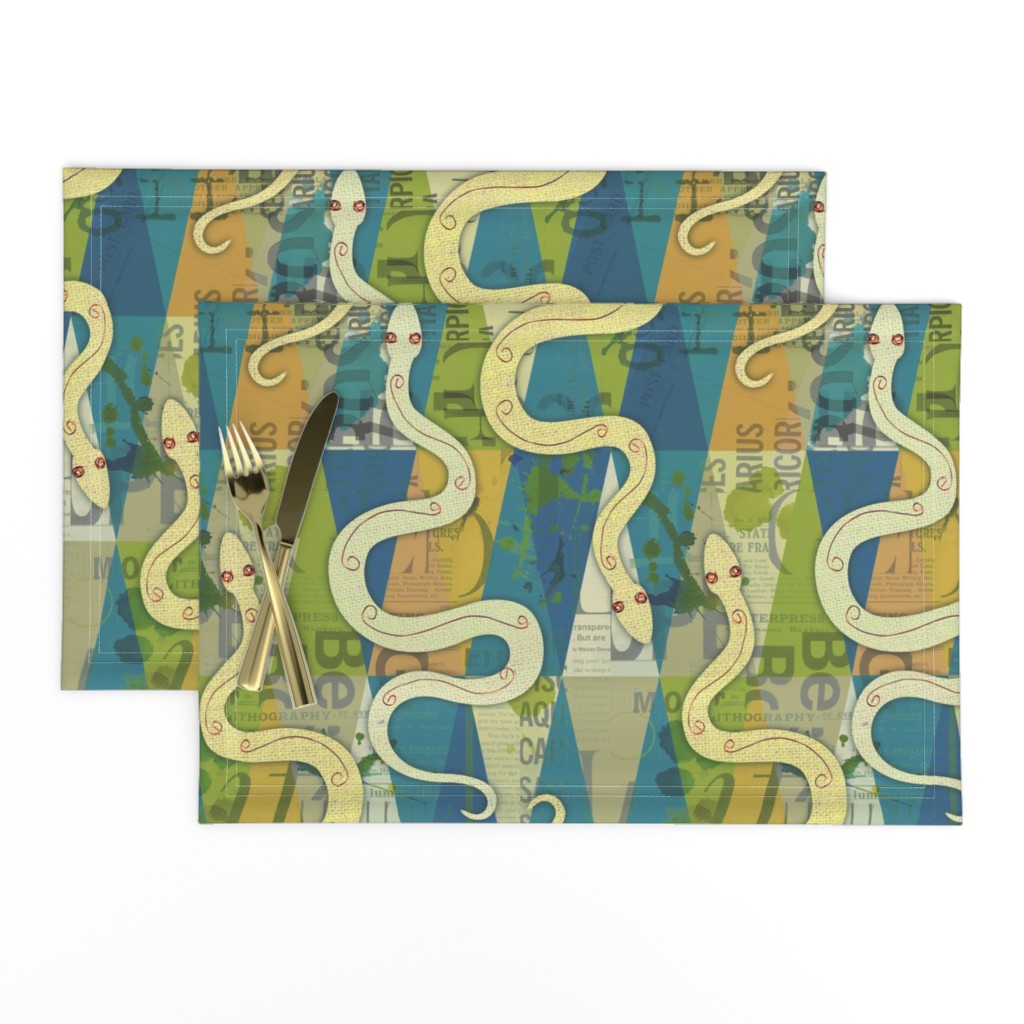 snakes with burlap texture on green and teal geometric pattern