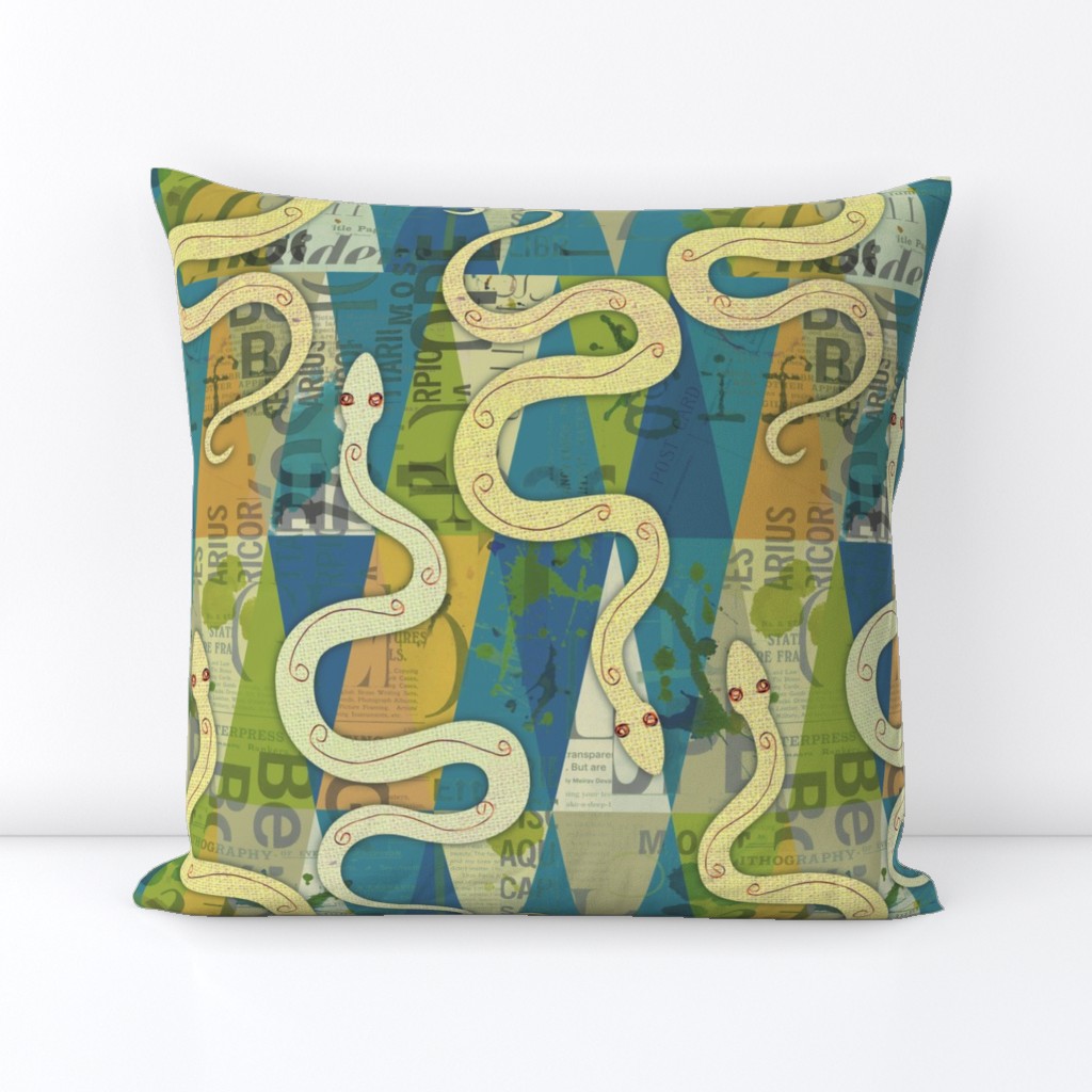 snakes with burlap texture on green and teal geometric pattern