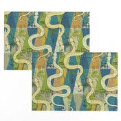 snakes with burlap texture on green and teal geometric pattern