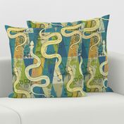 snakes with burlap texture on green and teal geometric pattern