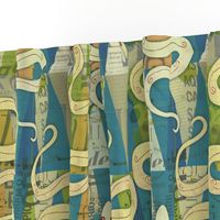 snakes with burlap texture on green and teal geometric pattern