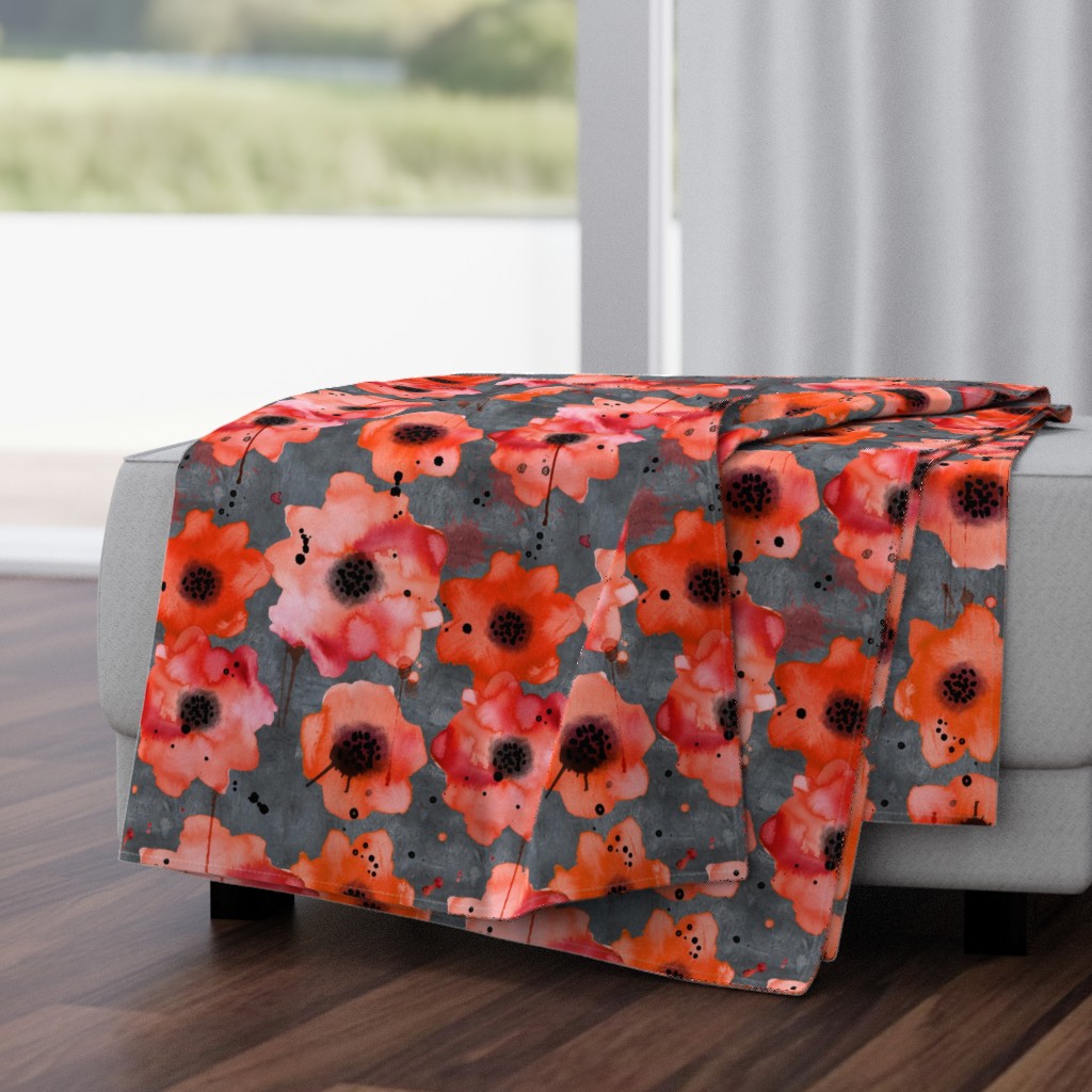 watercolor poppies on dark gray painted background