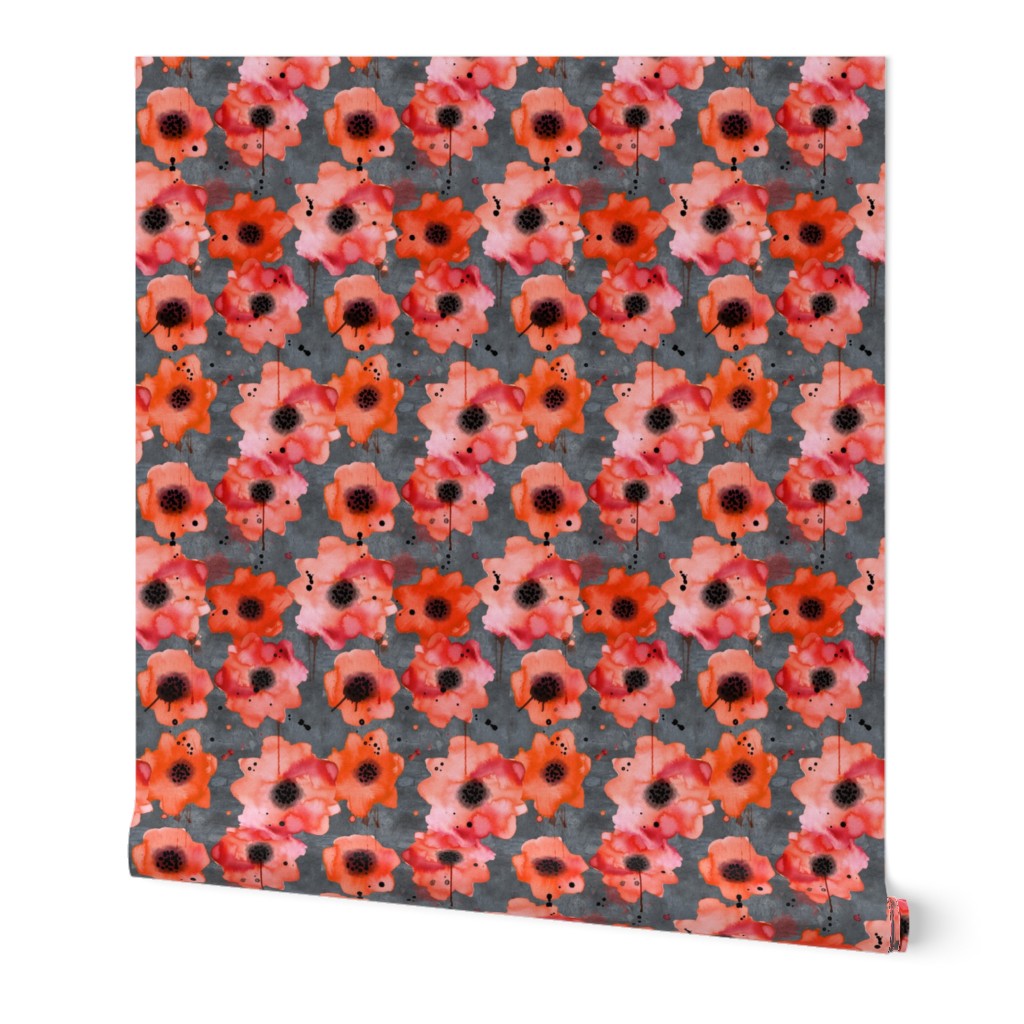 watercolor poppies on dark gray painted background