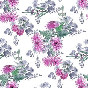 Watercolor floral pattern of pink lilac chrysanthemums