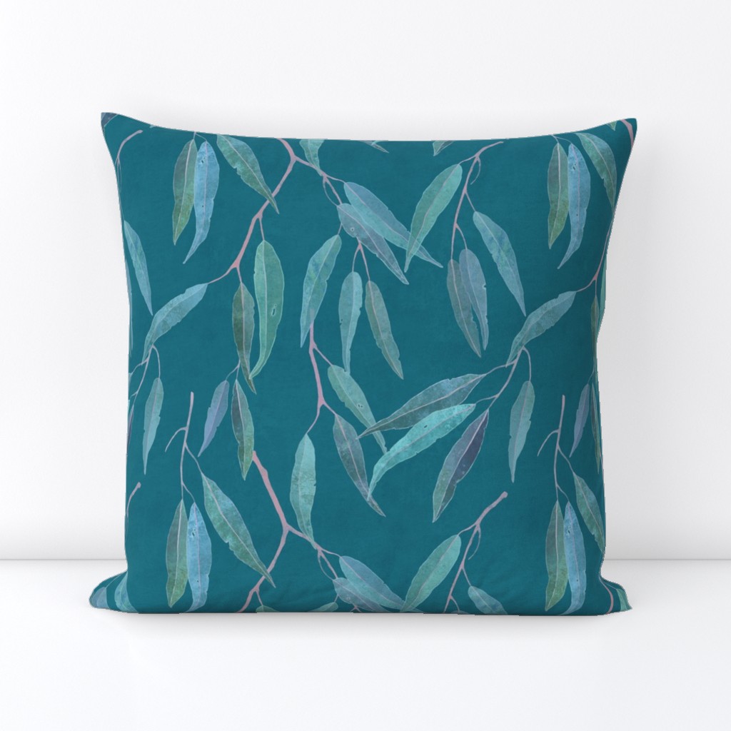 Eucalyptus leaves on teal