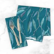 Eucalyptus leaves on teal