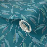 Eucalyptus leaves on teal