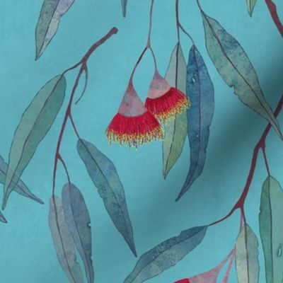 Eucalyptus leaves and flowers on bright blue