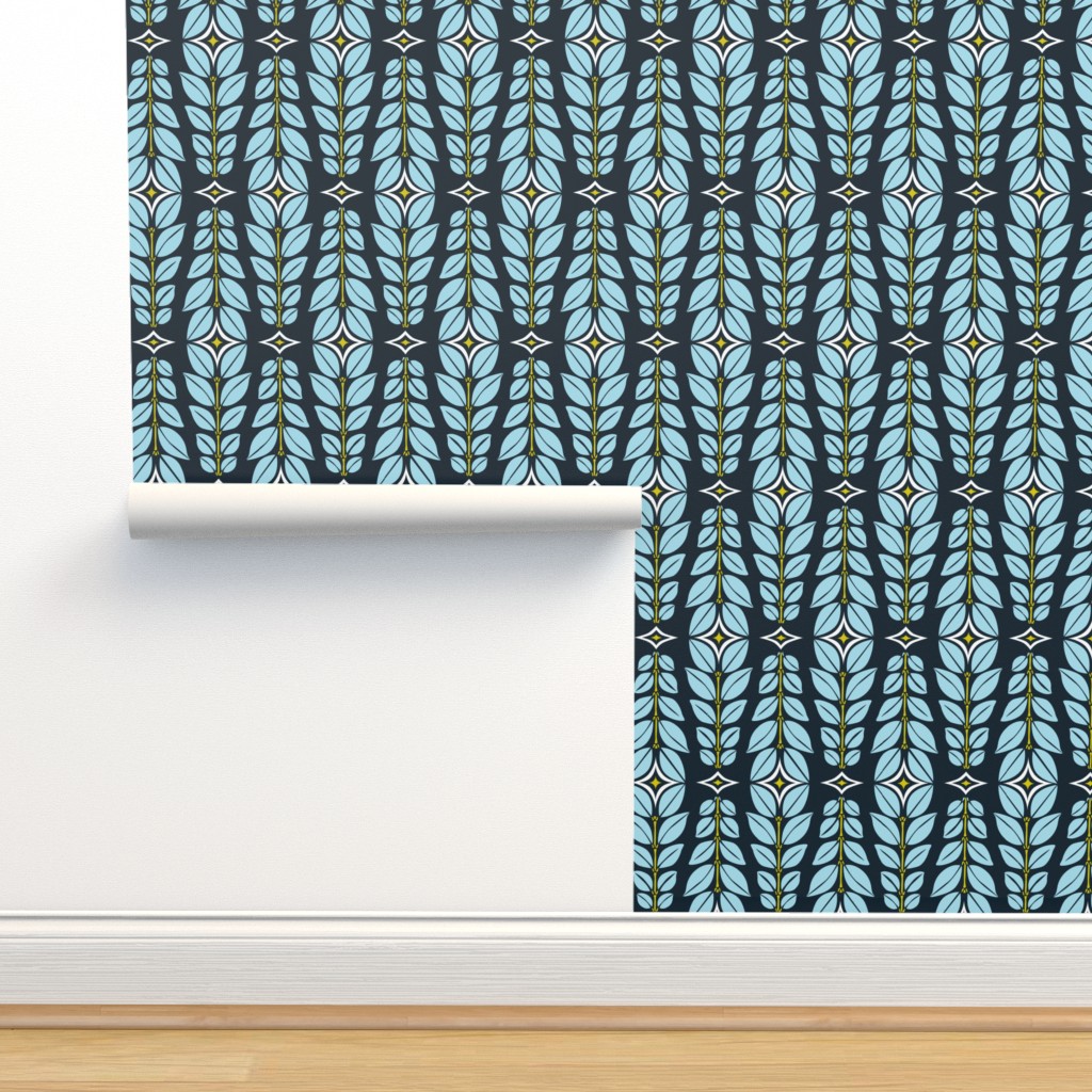 Cortlan - Retro Leaf Geometric Dark Blue Wallpaper | Spoonflower