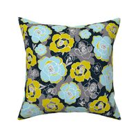 Katrien  - Modern Floral Black Blue & Green