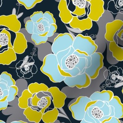 Katrien  - Modern Floral Black Blue & Green