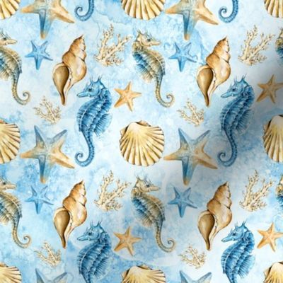 Seahorse & Sealife - Blue and Sand