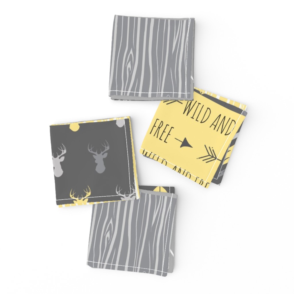 Patchwork Deer- Wholecloth Quilt - Baby Yellow and Greys - Little One - Wild and Free