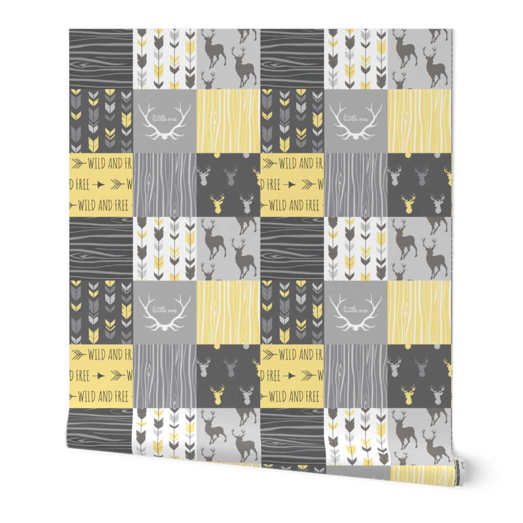 Patchwork Deer- Wholecloth Quilt - Baby Yellow and Greys - Little One - Wild and Free