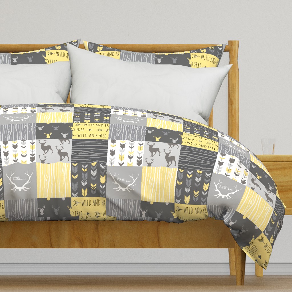 Patchwork Deer- Wholecloth Quilt - Baby Yellow and Greys - Little One - Wild and Free