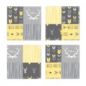 Patchwork Deer- Wholecloth Quilt - Baby Yellow and Greys - Little One - Wild and Free