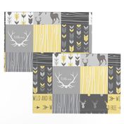 Patchwork Deer- Wholecloth Quilt - Baby Yellow and Greys - Little One - Wild and Free