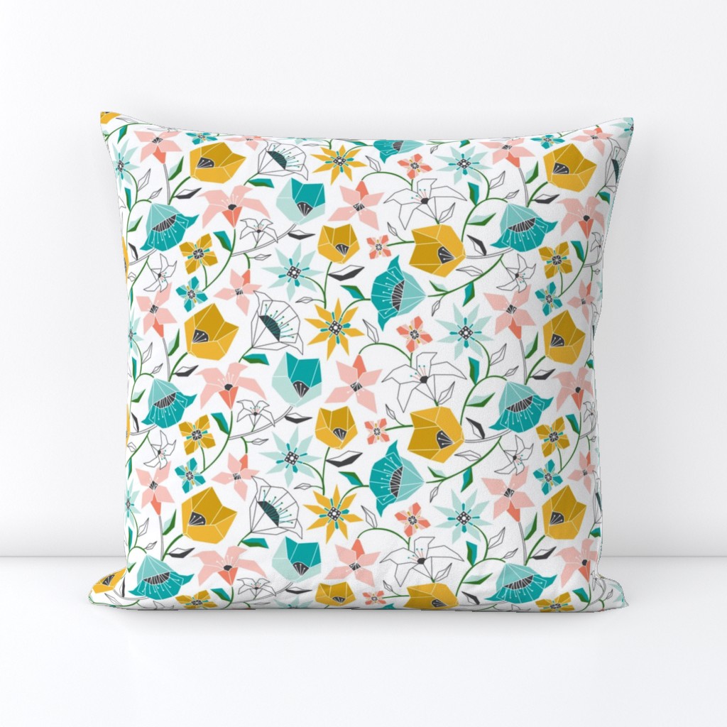 Calliope - Geometric Floral Aqua Pink & Gold