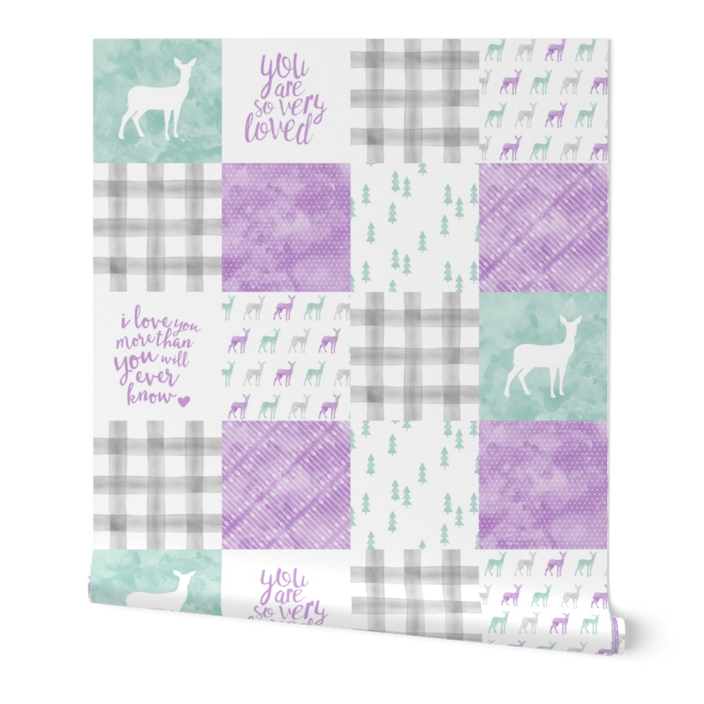 watercolor woodland wholecloth  - purple, dark mint, grey