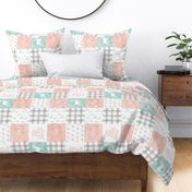 watercolor woodland wholecloth (90) - coral, dark mint, grey