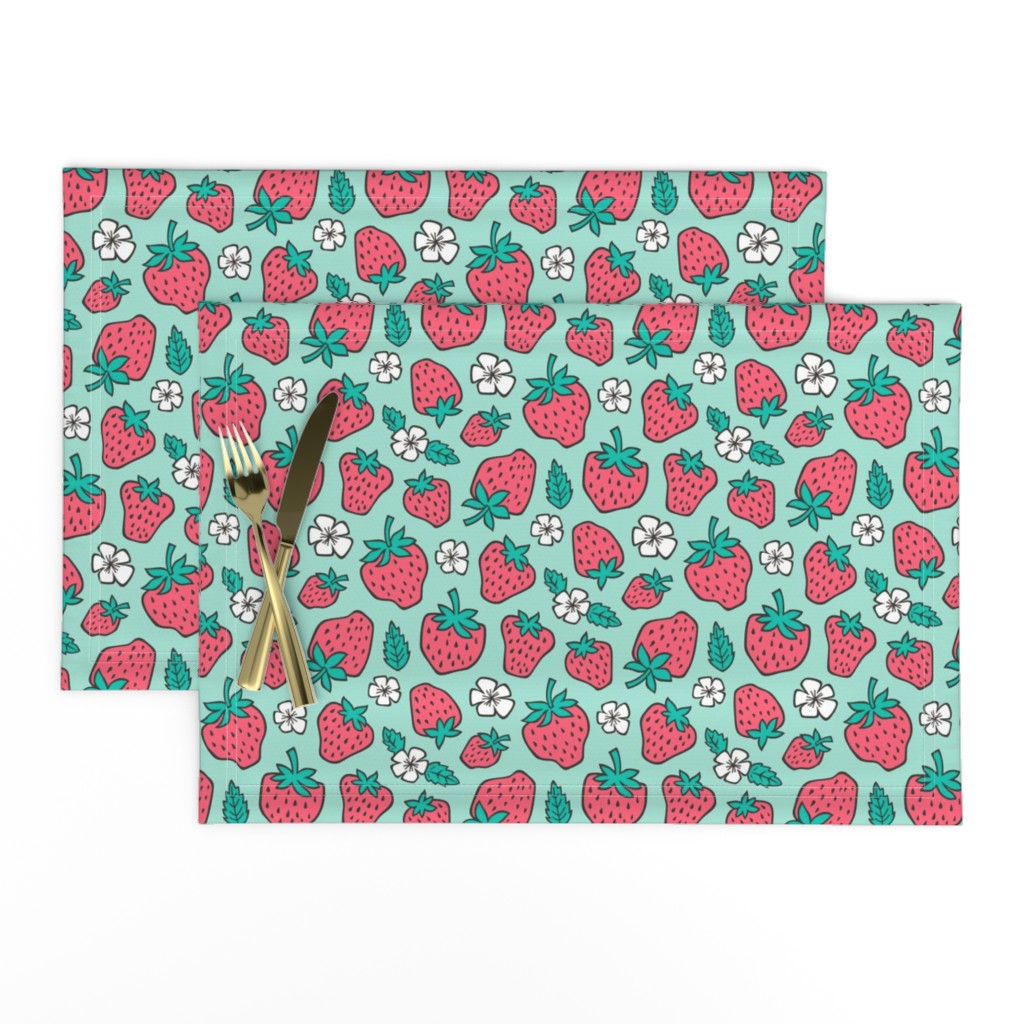 Strawberries Strawberry & Flowers Summer Fruit Red on Mint Green