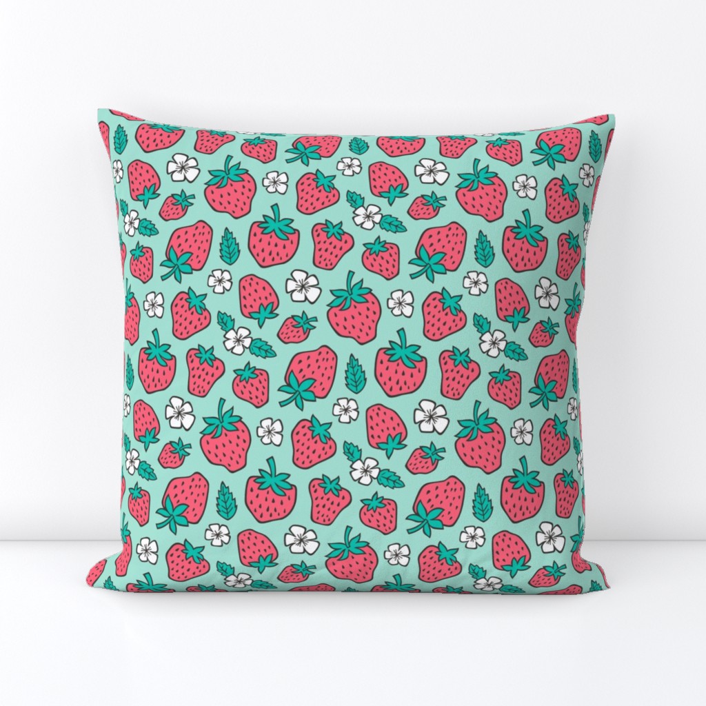 Strawberries Strawberry & Flowers Summer Fruit Red on Mint Green