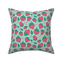 Strawberries Strawberry & Flowers Summer Fruit Red on Mint Green