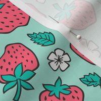 Strawberries Strawberry & Flowers Summer Fruit Red on Mint Green