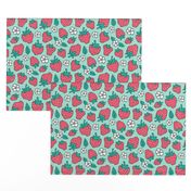 Strawberries Strawberry & Flowers Summer Fruit Red on Mint Green