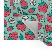 Strawberries Strawberry & Flowers Summer Fruit Red on Mint Green