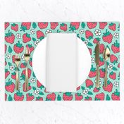 Strawberries Strawberry & Flowers Summer Fruit Red on Mint Green