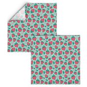 Strawberries Strawberry & Flowers Summer Fruit Red on Mint Green